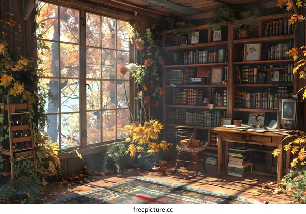 Cozy library with a view of the fall foliage