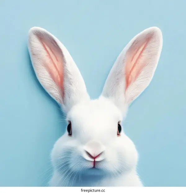 Cute White Rabbit Portrait Against Light Blue Background