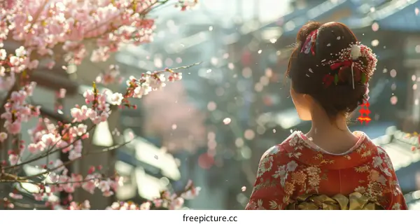 Woman in Traditional Japanese Kimono and Cherry Blossoms