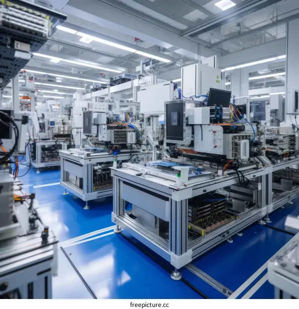 interior of modern technology factory with electronic equipment