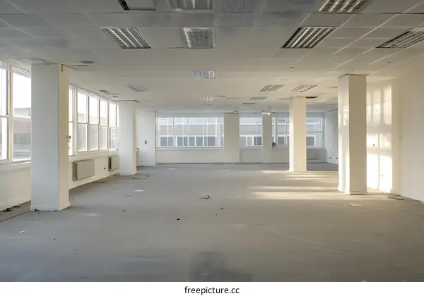 Empty Office Space with Sunlight Streaming Through Windows