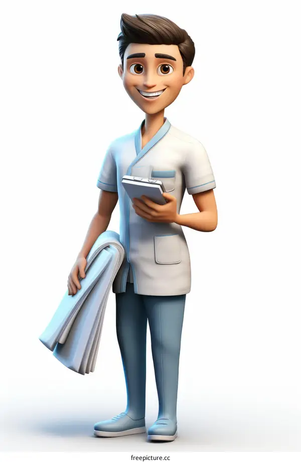 A male nurse in a white uniform is holding a clipboard and a stack of towels.