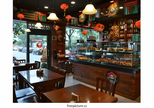 Inside View of Bakery with Pastry Display and Tables