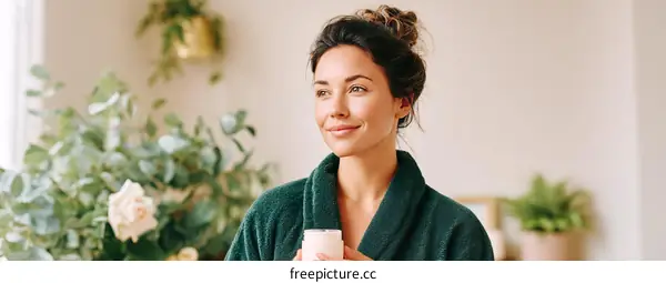 Woman in a Green Bathrobe Enjoying a Relaxing Morning