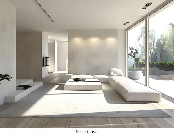 Modern Minimalist Living Room Interior Design With White Sofa And Coffee Table