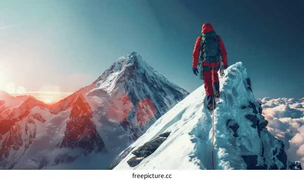 Mountaineer on the summit of a snow-capped mountain
