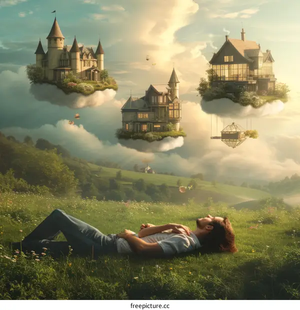A man lying on a grassy hill looking at floating houses in the sky