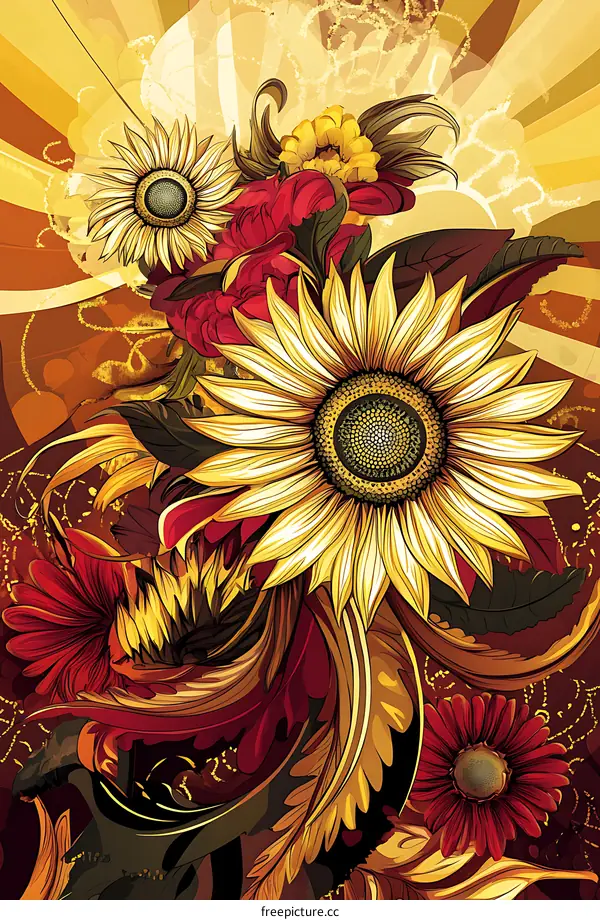 Sunflower and Daisy Floral Pattern with Gold Accents