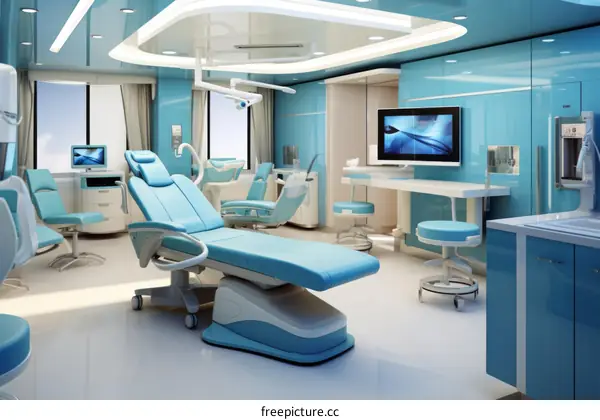 The interior of a modern dental clinic with blue walls and white accents