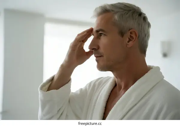 Mature man with hand on forehead showing tired expression in room