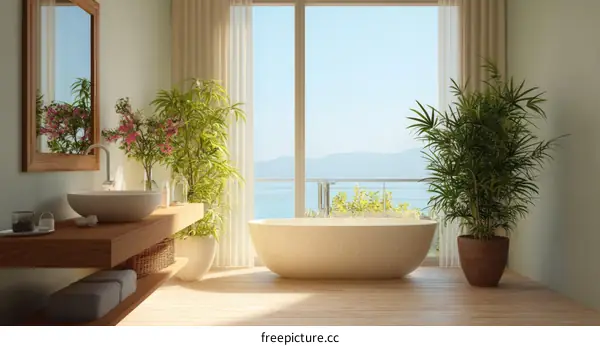 Modern Coastal Bathroom with Plants and View