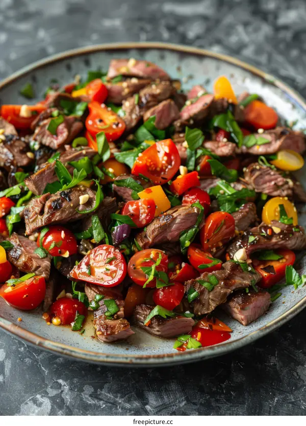 Seared steak salad with tomatoes, herbs and spices