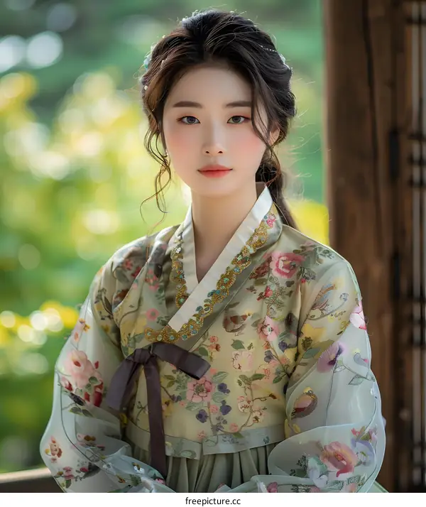 Portrait of a young woman in a traditional Korean hanbok dress