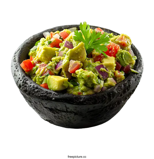 [Transparent Background PNG]Guacamole with avocado tomato and onion in stone bowl