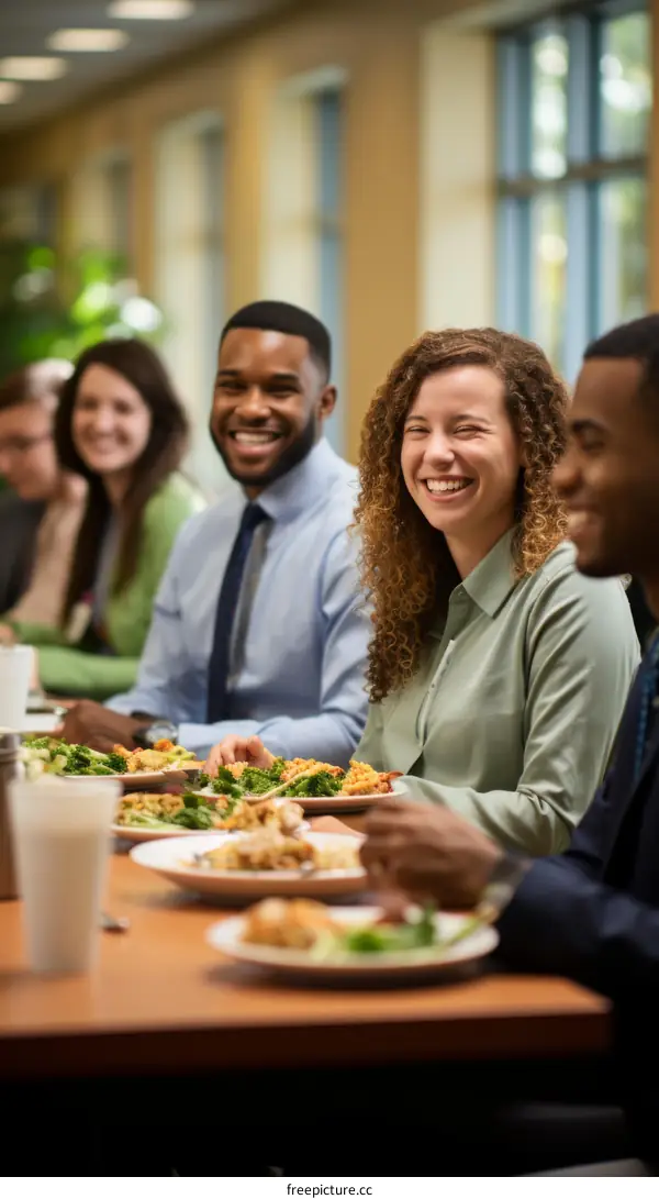 Group of diverse business professionals eating lunch and laughing