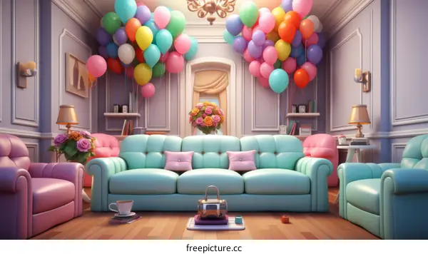A living room with a sofa, balloons, and flowers