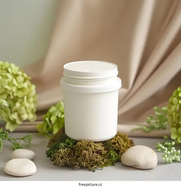 White Plastic Container Mockup with Green Moss and Stones