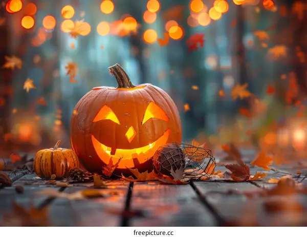 Spooky Halloween Pumpkin on Wooden Porch by Night