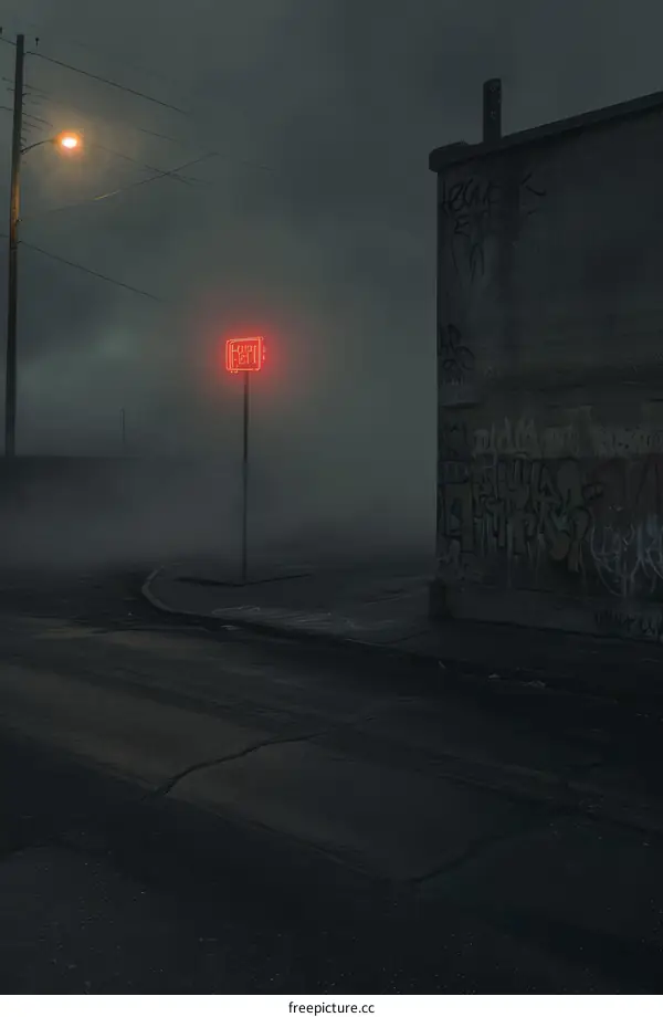 Red neon sign in the dark alley