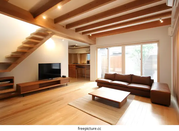 Modern Wooden Interior Design Living Room With Wooden Floor And Brown Sofa
