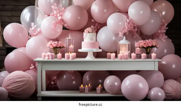 A table full of pink balloons, flowers, and candles.