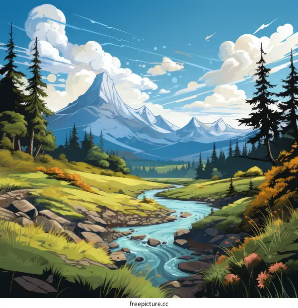 A beautiful landscape with mountains, river and trees