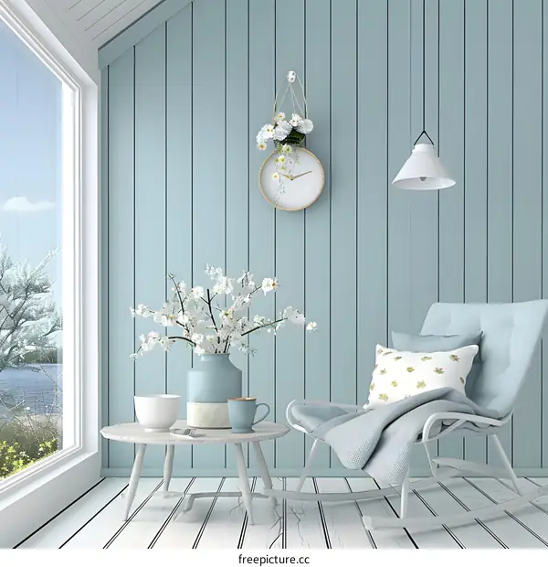 Blue Wall with Rocking Chair and Flower Arrangement