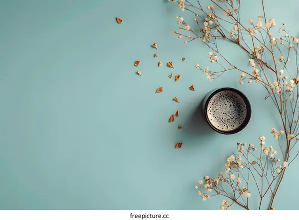 Coffee and Flowers Flatlay on Light Blue Background