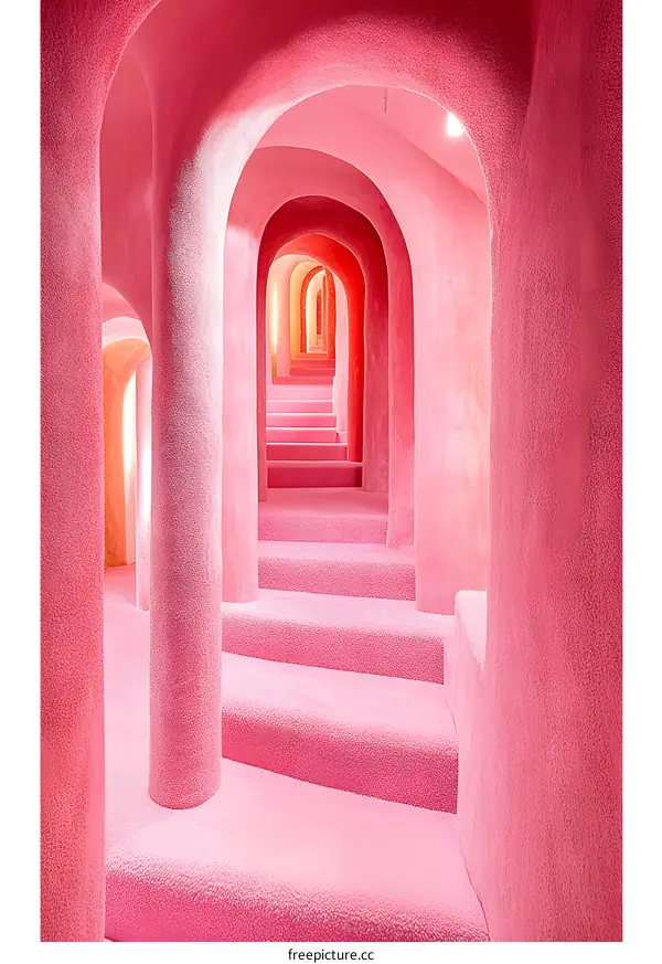 Pink Hallway with Arches and Stairs