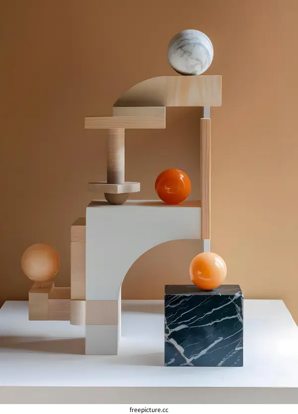 Abstract Sculpture with Geometric Shapes and Spheres on Wooden and Marble Base