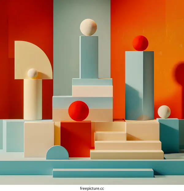 3d rendering of geometric shapes with podiums and spheres