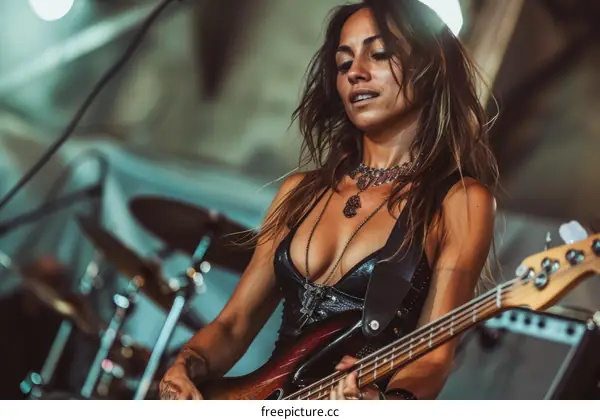 An image of a female bass player performing on stage