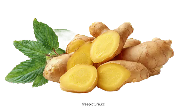 [Transparent Background PNG]Fresh Sliced Ginger Root with Mint Leaves