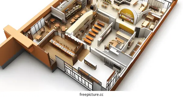 Top View 3D Illustration of Interior Design for a Modern Cafe Bar with Wooden Furniture