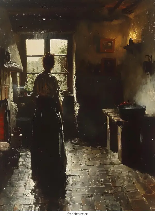A woman is cooking in the kitchen