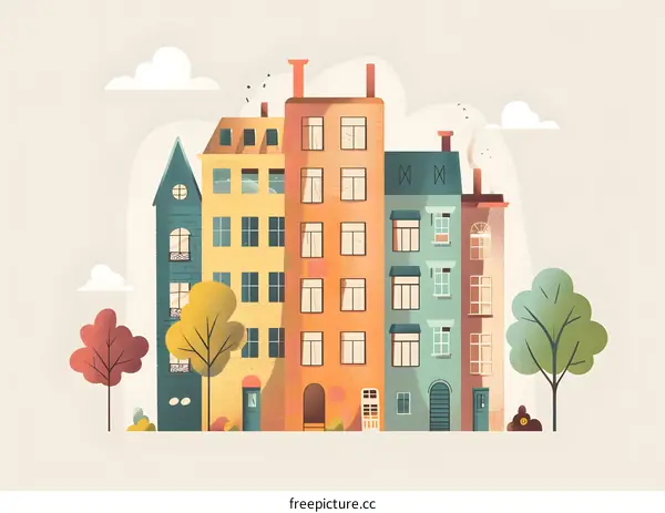 Colorful Illustration of Houses with Trees