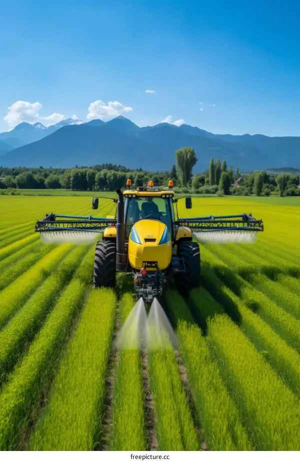 Tractor spraying pesticides on a green field with mountains in the background