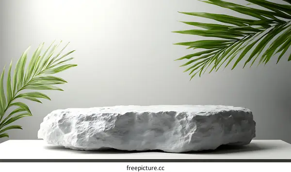 White Stone Display Podium with Palm Leaves