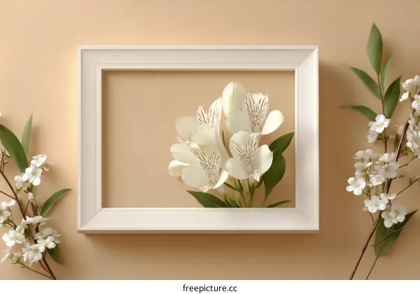 White Flowers in a White Frame on a Beige Background