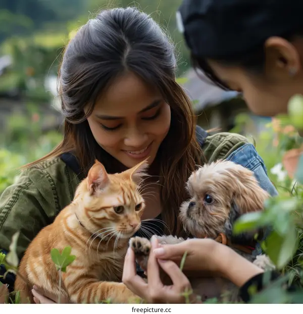 A woman is holding a cat and a dog.