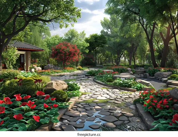 Red Flowers and Stone Path in a Chinese Courtyard