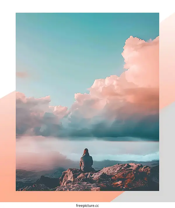 Person Sitting on a Cliff Overlooking the Ocean with a Pink and Blue Sky