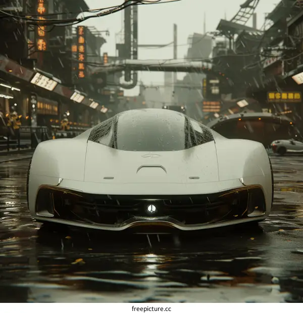 Futuristic Self-Driving Car in Rain-Soaked City Streets