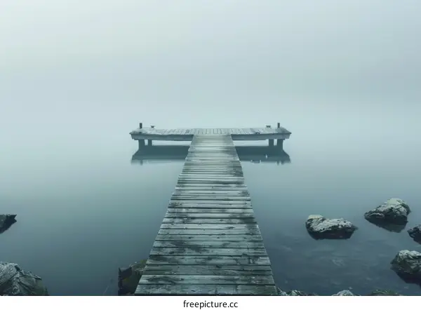 Wooden dock jutting out into a calm lake on a foggy day