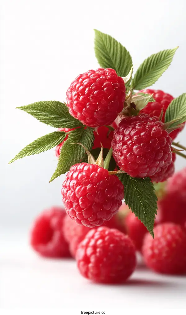 Close Up of Fresh Raspberries with Green Leaves