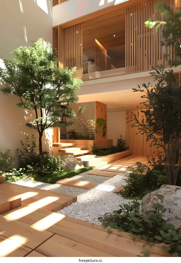 Courtyard with a tree and a stone path