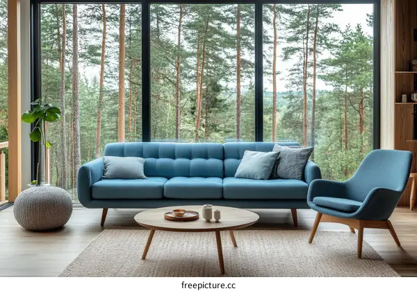 Modern Living Room with Forest View