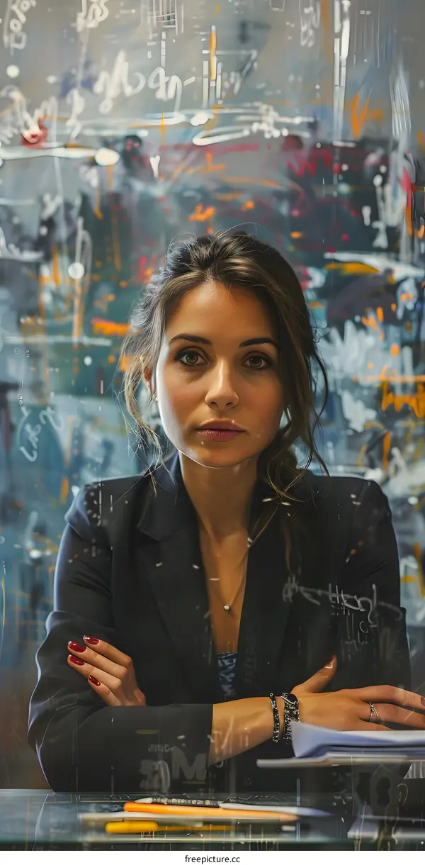 Portrait of a young woman in front of an abstract painting