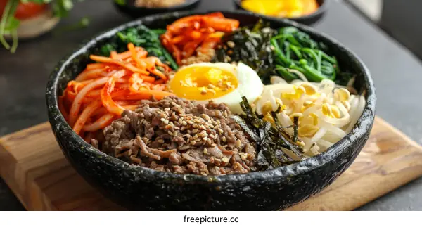 Delicious Korean Bibimbap with Beef, Vegetables and Egg in Bowl