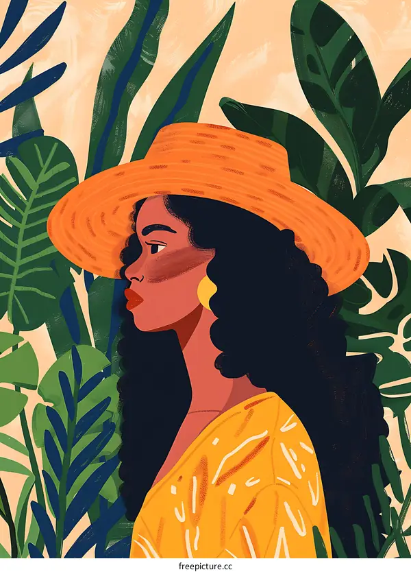 Woman with Hat in Tropical Foliage